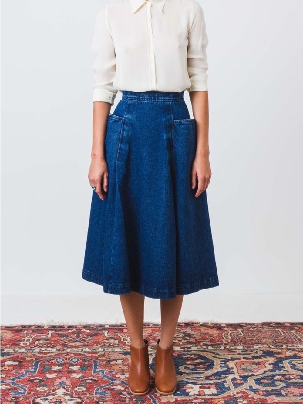CARLEEN (ANTHROPOLOGIE) | Classic Dark Blue Denim A-Line Midi Skirt